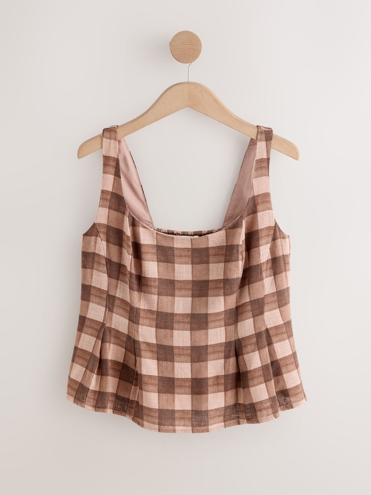 Pink/Brown Gingham - رداء عُلوي مُهيكل بحاشية كشكشة يحتوي على كتّان - Image 1 of 3