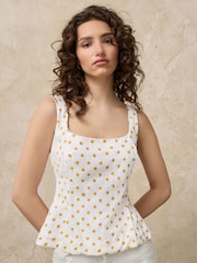 Ecru/Yellow Polka Dot Structured Peplum Top with Linen - Image 1 of 7