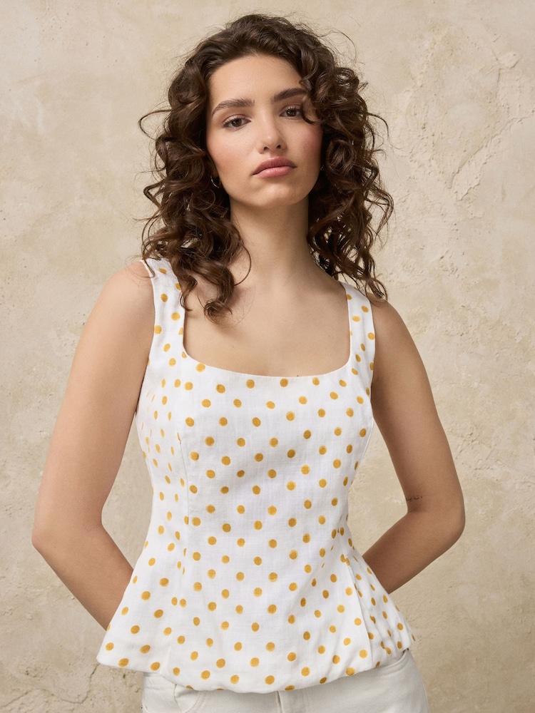 Ecru/Yellow Polka Dot Structured Peplum Top with Linen - Image 1 of 7