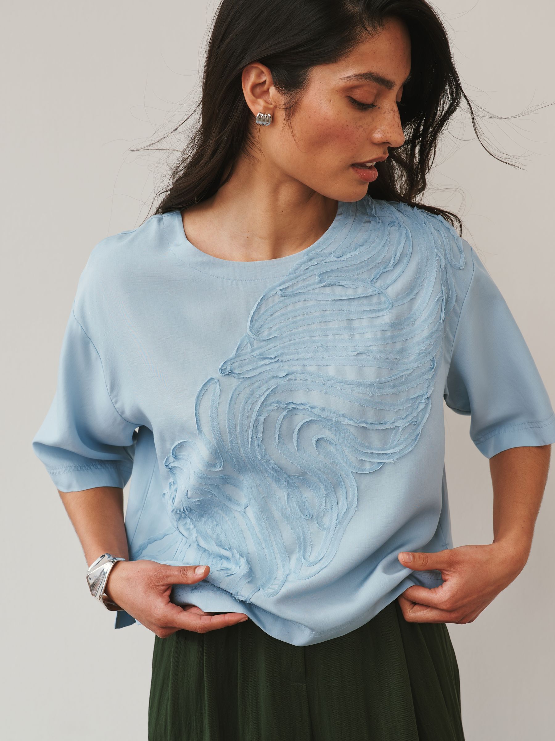 Dusty Blue Textured Swirl Detail Short Sleeve Top