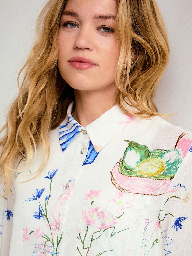 Ecru Abstract Vase Print - Afslappet langærmet skjorte med hør - Billede 2 af 7