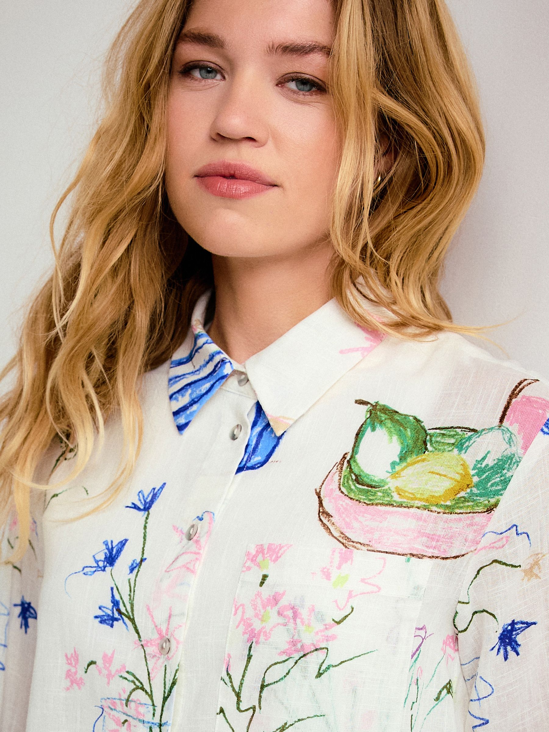 Buy Ecru Abstract Vase Print - Relaxed Long Sleeve Shirt With Linen ...