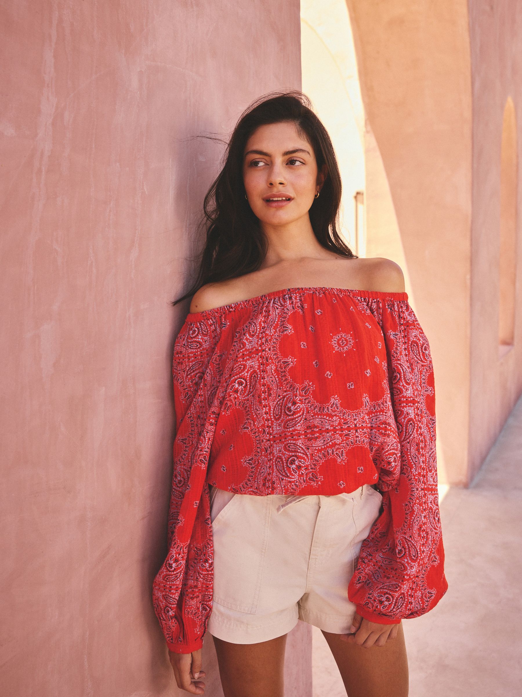 Buy Red Scarf Print Textured Long Sleeve Bardot Blouse from the