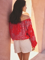 Red Scarf Print Textured Long Sleeve Bardot Blouse - Image 3 of 7