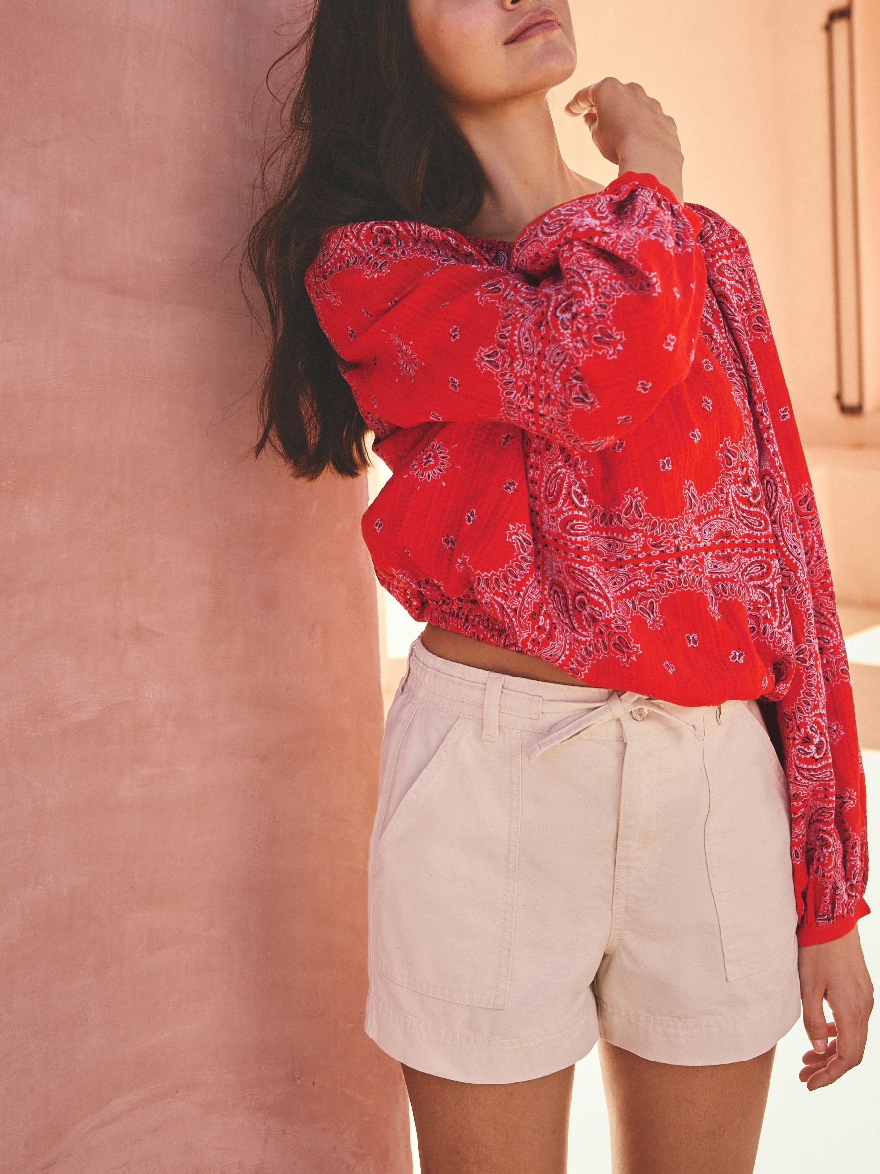 Buy Red Scarf Print Textured Long Sleeve Bardot Blouse from the