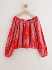 Red Scarf Print Textured Long Sleeve Bardot Blouse - Image 5 of 7