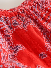 Red Scarf Print Textured Long Sleeve Bardot Blouse - Image 6 of 7