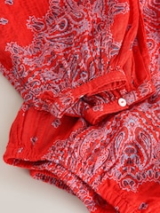 Red Scarf Print Textured Long Sleeve Bardot Blouse - Image 7 of 7
