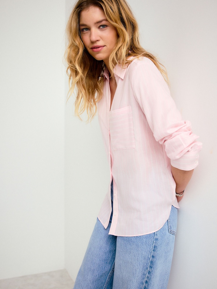 Pink/White Stripe Soft Relaxed Long Sleeve Shirt - Image 1 of 5