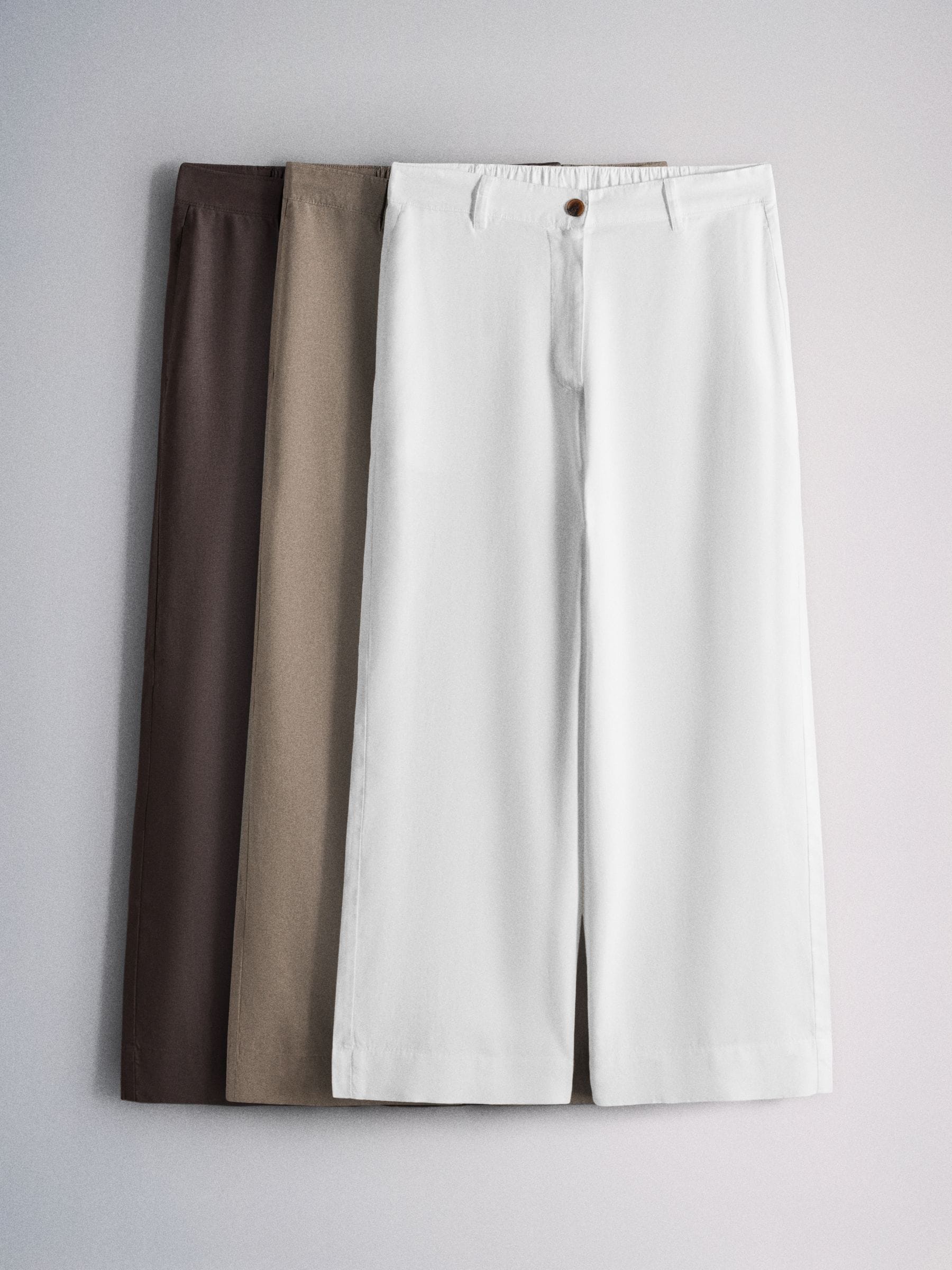 The Set 3 Pack Lightweight Wide Leg Trousers With Linen White/Taupe Brown/Chocolate Brown