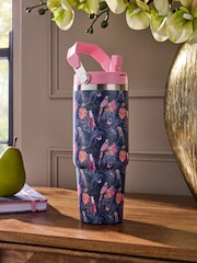 Pink/Navy Tropical Print 900ml Water Bottle with Straw - Image 1 of 3