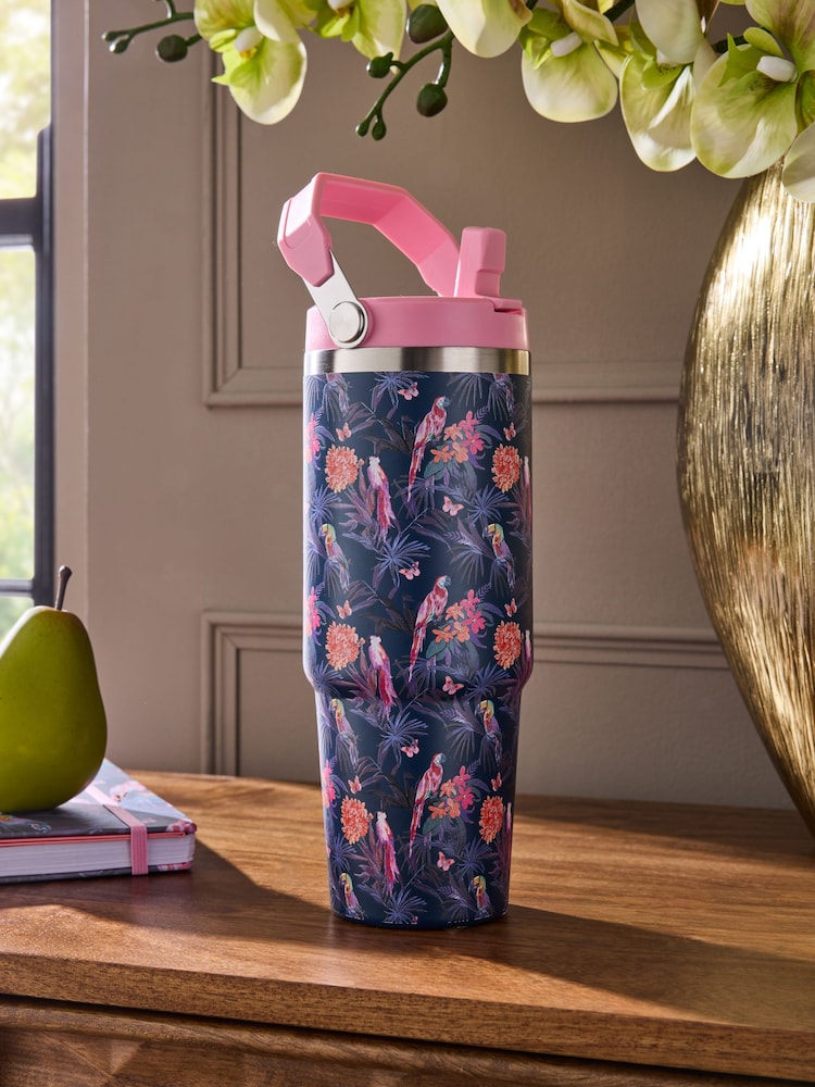 Pink/Navy Tropical Print 900ml Water Bottle with Straw - Image 1 of 3