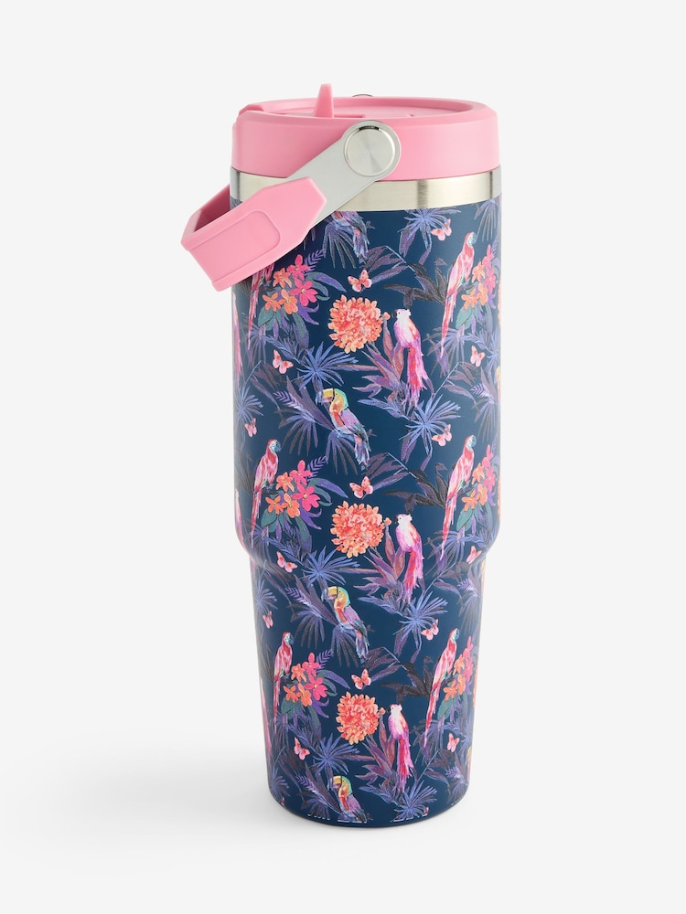 Pink/Navy Tropical Print 900ml Water Bottle with Straw - Image 3 of 3