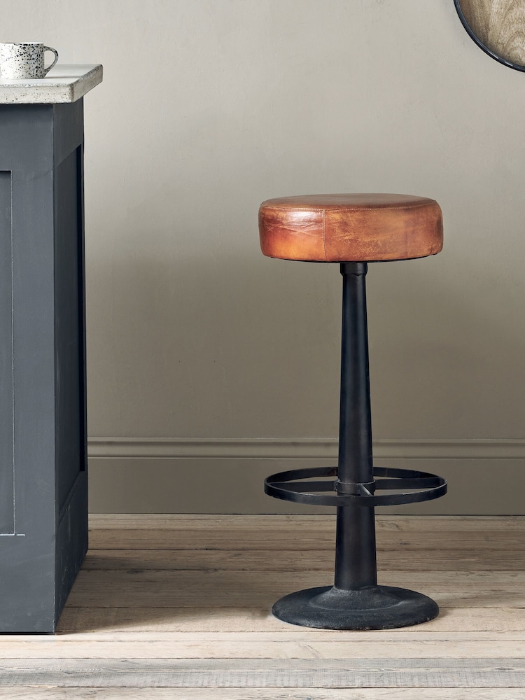 Nkuku Aged Tan Narwana Leather Round Bar Stool - Image 1 of 4 Nkuku Aged Tan Narwana Leather Round Bar Stool - Image 1 of 4