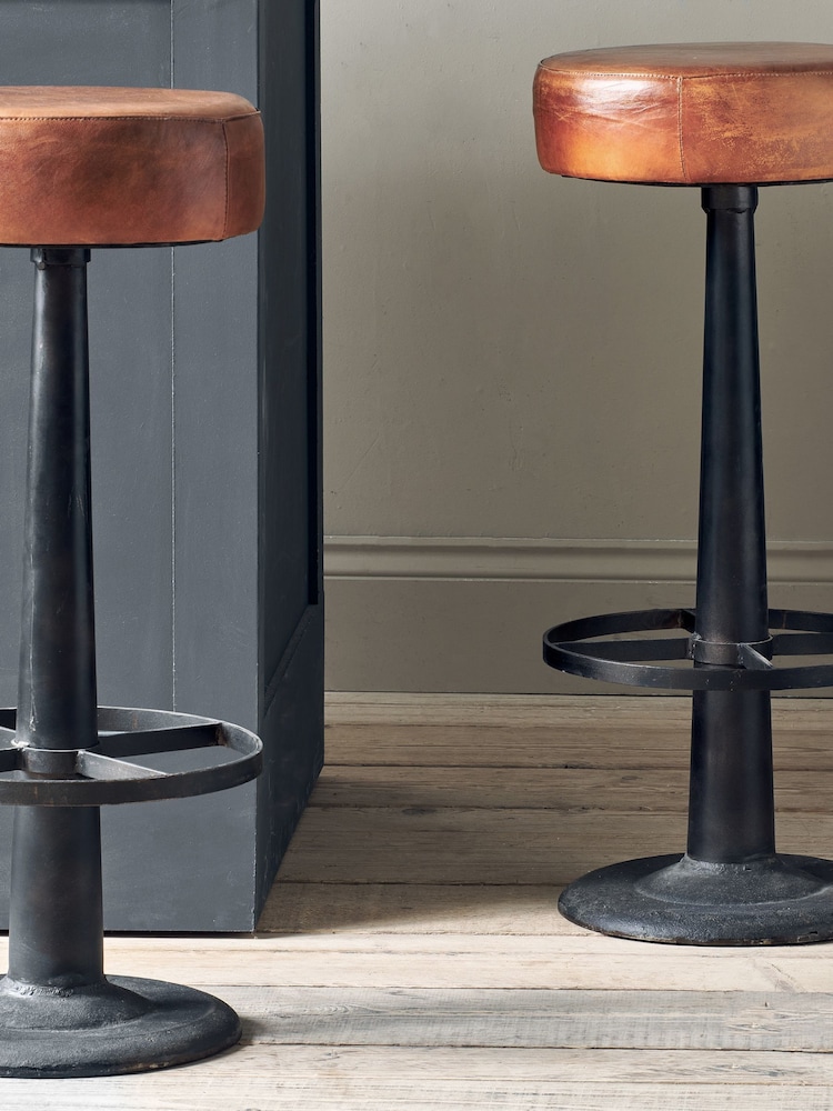 Nkuku Aged Tan Narwana Leather Round Bar Stool - Image 2 of 4 Nkuku Aged Tan Narwana Leather Round Bar Stool - Image 2 of 4