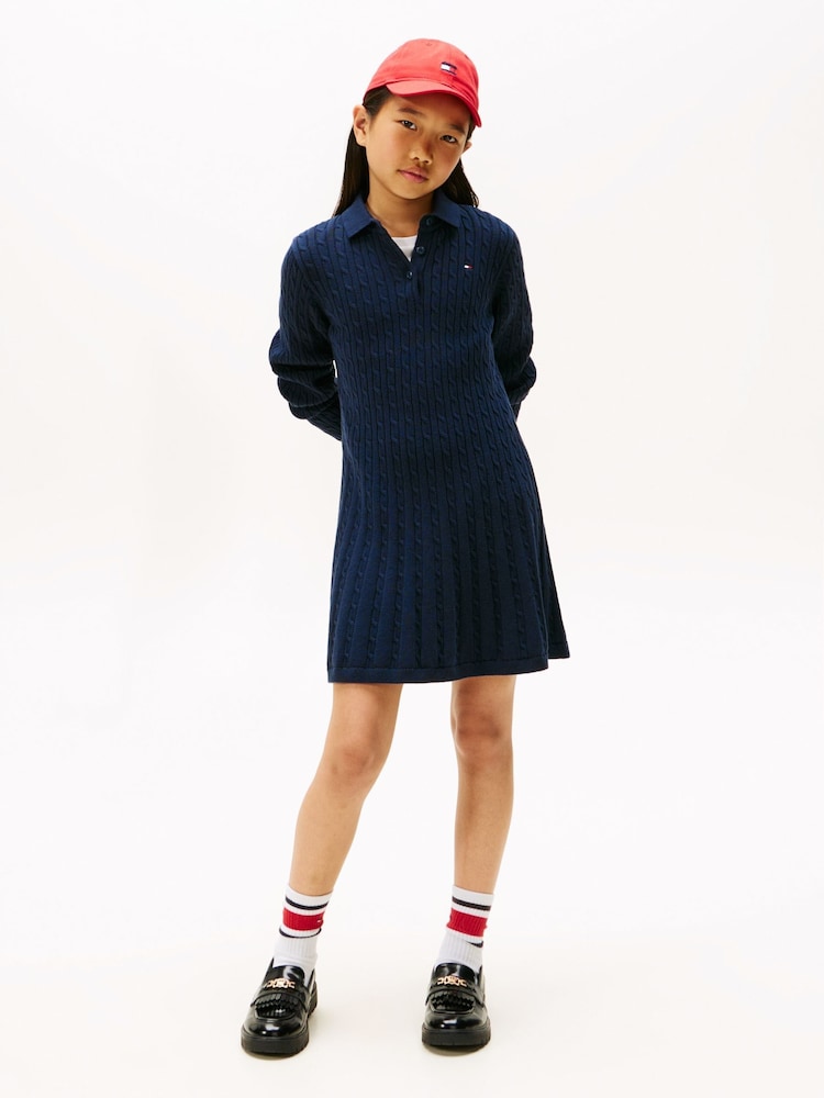 Tommy Hilfiger Blue Cable Knit Polo Collar Jumper Dress - Image 1 of 5 Tommy Hilfiger Blue Cable Knit Polo Collar Jumper Dress - Image 1 of 5