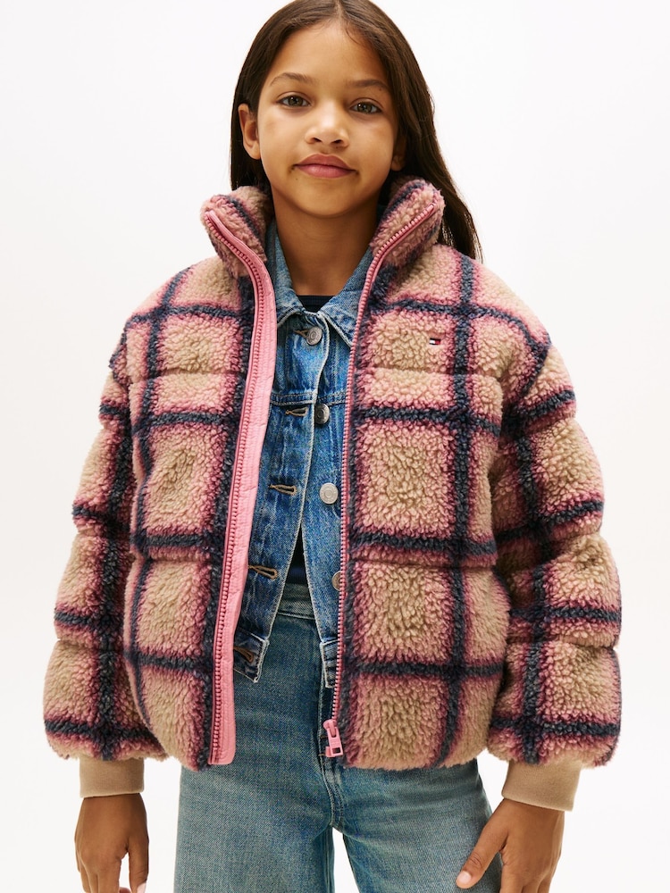 Tommy Hilfiger White Relaxed Check Teddy Fleece Bomber Jacket - Image 1 of 5 Tommy Hilfiger White Relaxed Check Teddy Fleece Bomber Jacket - Image 1 of 5