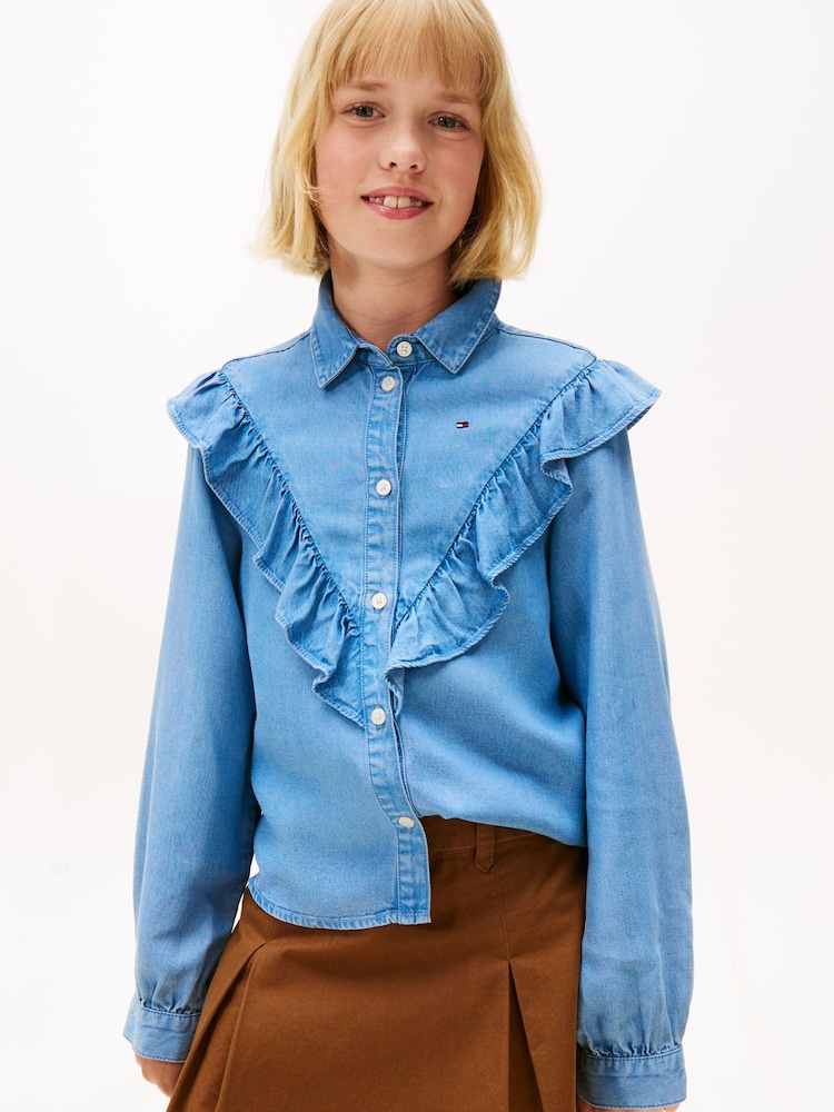 Tommy Hilfiger Blue Ruffle Relaxed Fit Blouse - Image 1 of 5