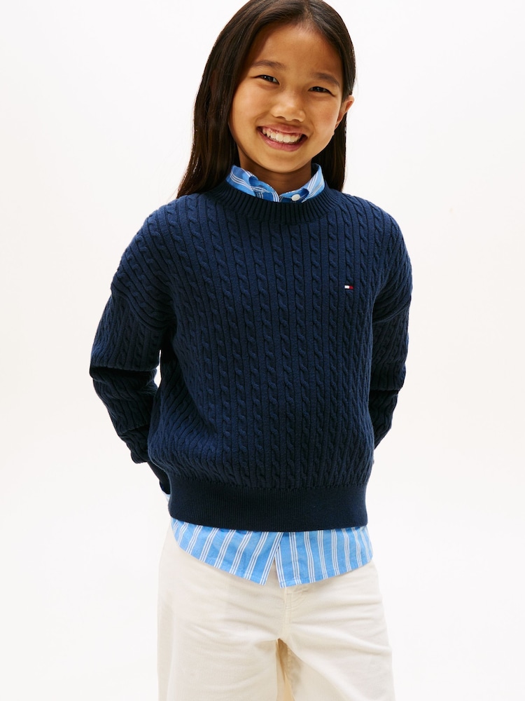 Tommy Hilfiger Blue Relaxed Cable Knit Jumper - Image 1 of 5 Tommy Hilfiger Blue Relaxed Cable Knit Jumper - Image 1 of 5