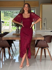 Girl In Mind Red Heidi Lace Ruched Midi Dress - Image 1 of 6
