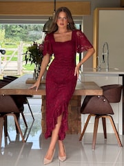 Girl In Mind Red Heidi Lace Ruched Midi Dress - Image 2 of 6