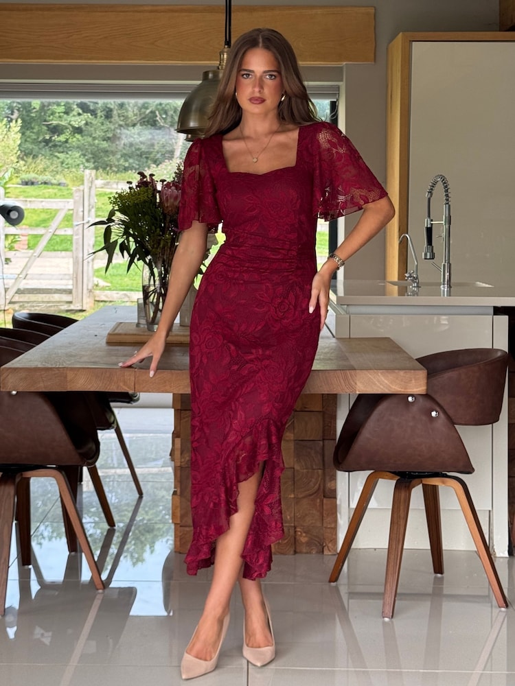 Girl In Mind Red Heidi Lace Ruched Midi Dress - Image 2 of 6