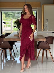Girl In Mind Red Heidi Lace Ruched Midi Dress - Image 3 of 6