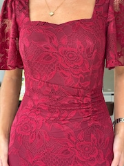 Girl In Mind Red Heidi Lace Ruched Midi Dress - Image 6 of 6