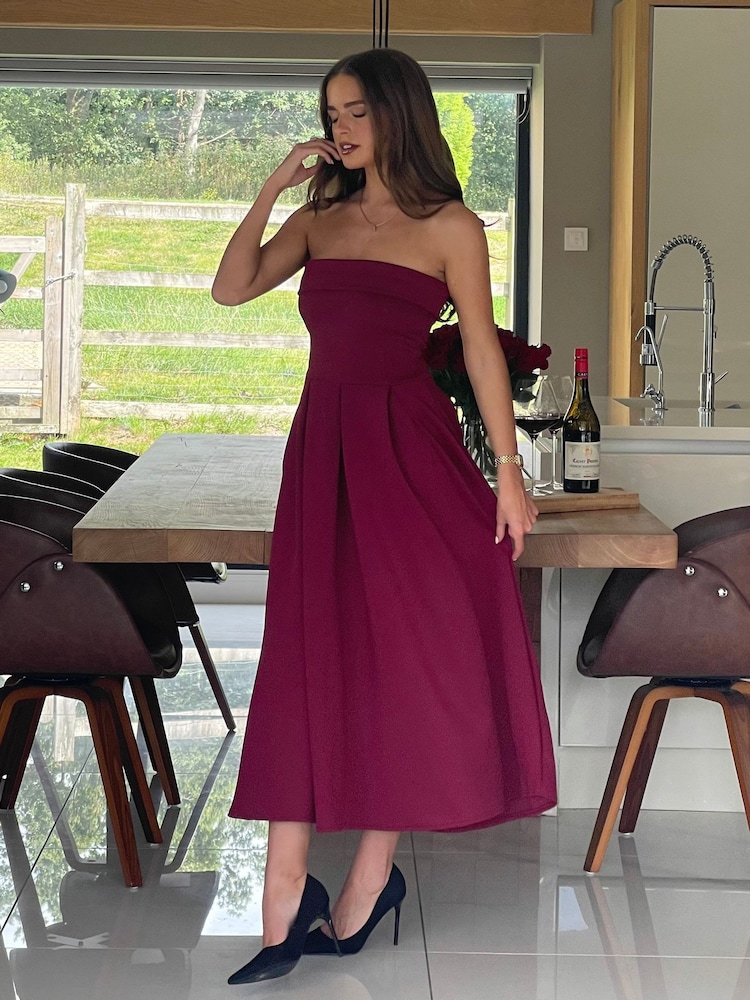 Girl In Mind Red Danni Strapless Bandeau Midi Dress - Image 2 of 6 Girl In Mind Red Danni Strapless Bandeau Midi Dress - Image 2 of 6