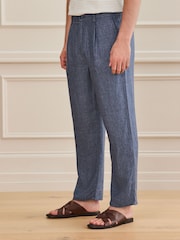 Blue Relaxed Fit Signature 100% Linen Heritage Herringbone Trousers - Image 1 of 10
