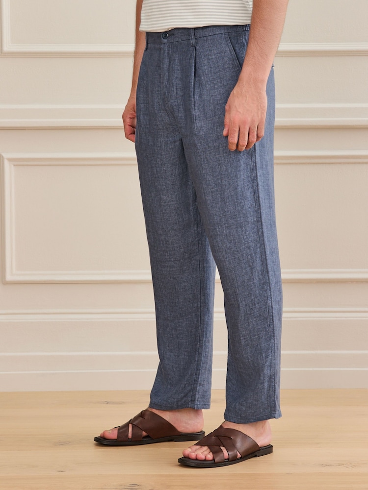 Blue Relaxed Fit Signature 100% Linen Heritage Herringbone Trousers - Image 1 of 10