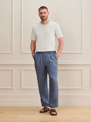 Blue Relaxed Fit Signature 100% Linen Heritage Herringbone Trousers - Image 2 of 10
