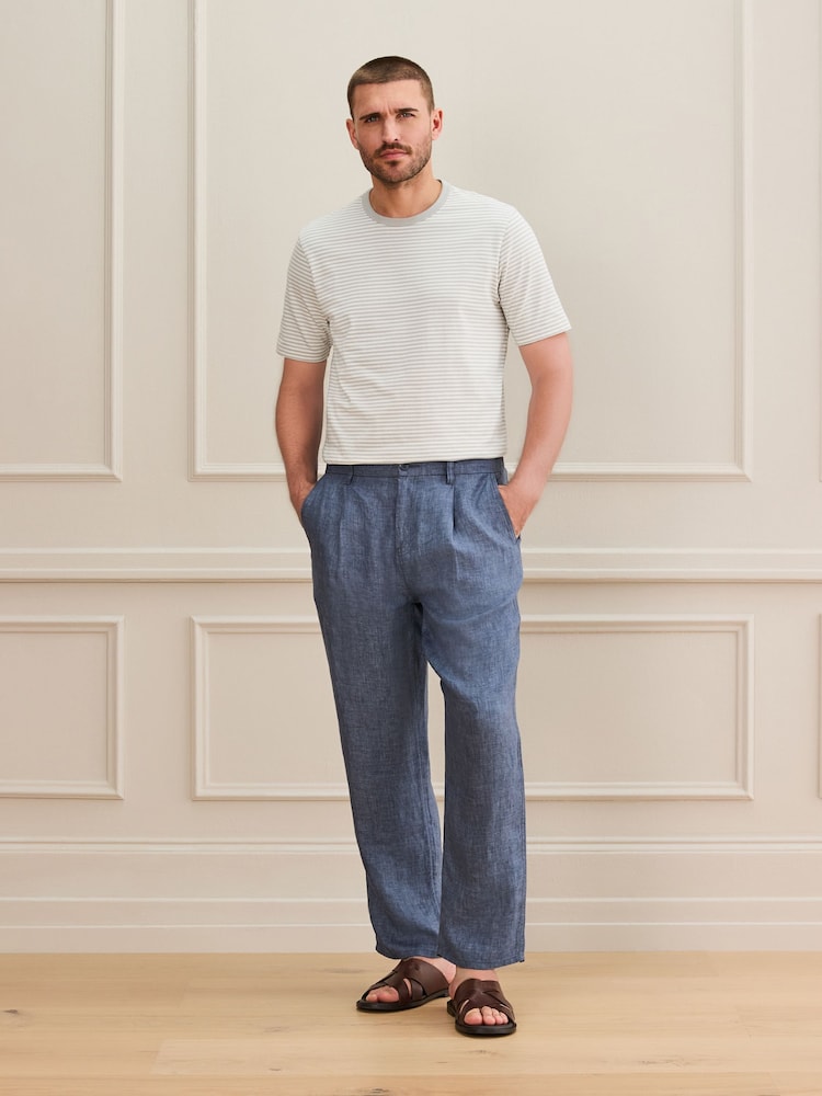 Blue Relaxed Fit Signature 100% Linen Heritage Herringbone Trousers - Image 2 of 10
