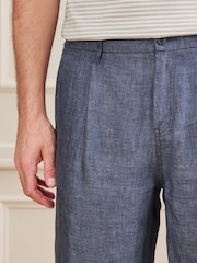 Blue Relaxed Fit Signature 100% Linen Heritage Herringbone Trousers - Image 3 of 10