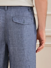 Blue Relaxed Fit Signature 100% Linen Heritage Herringbone Trousers - Image 4 of 10