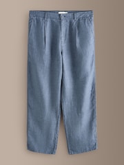 Blue Relaxed Fit Signature 100% Linen Heritage Herringbone Trousers - Image 7 of 10
