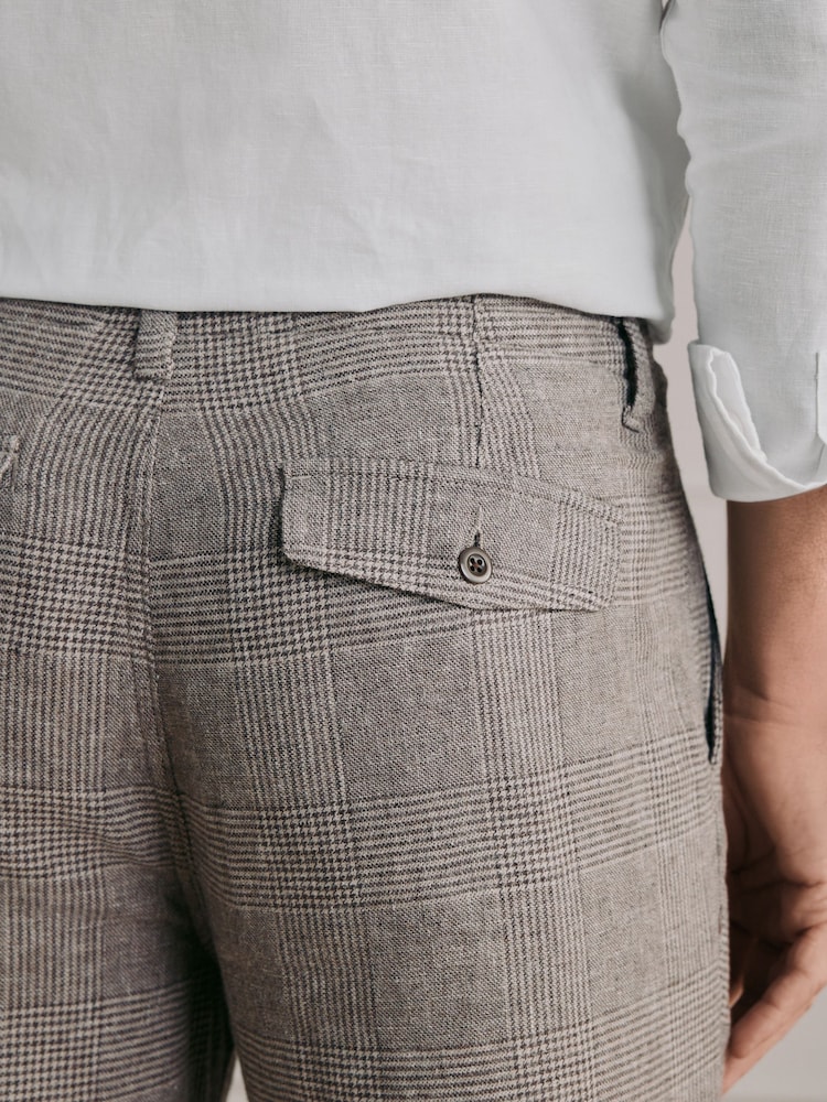 Neutral Checkered Regular Tapered Fit Signature Heritage Linen Rich Trousers - Image 6 of 6