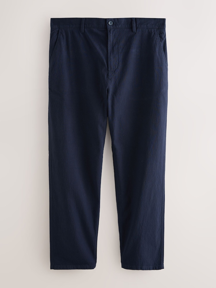 Navy Relaxed Tapered Fit Cotton Rich Summerweight Seersucker Textured Trousers With Stretch - Image 1 of 5