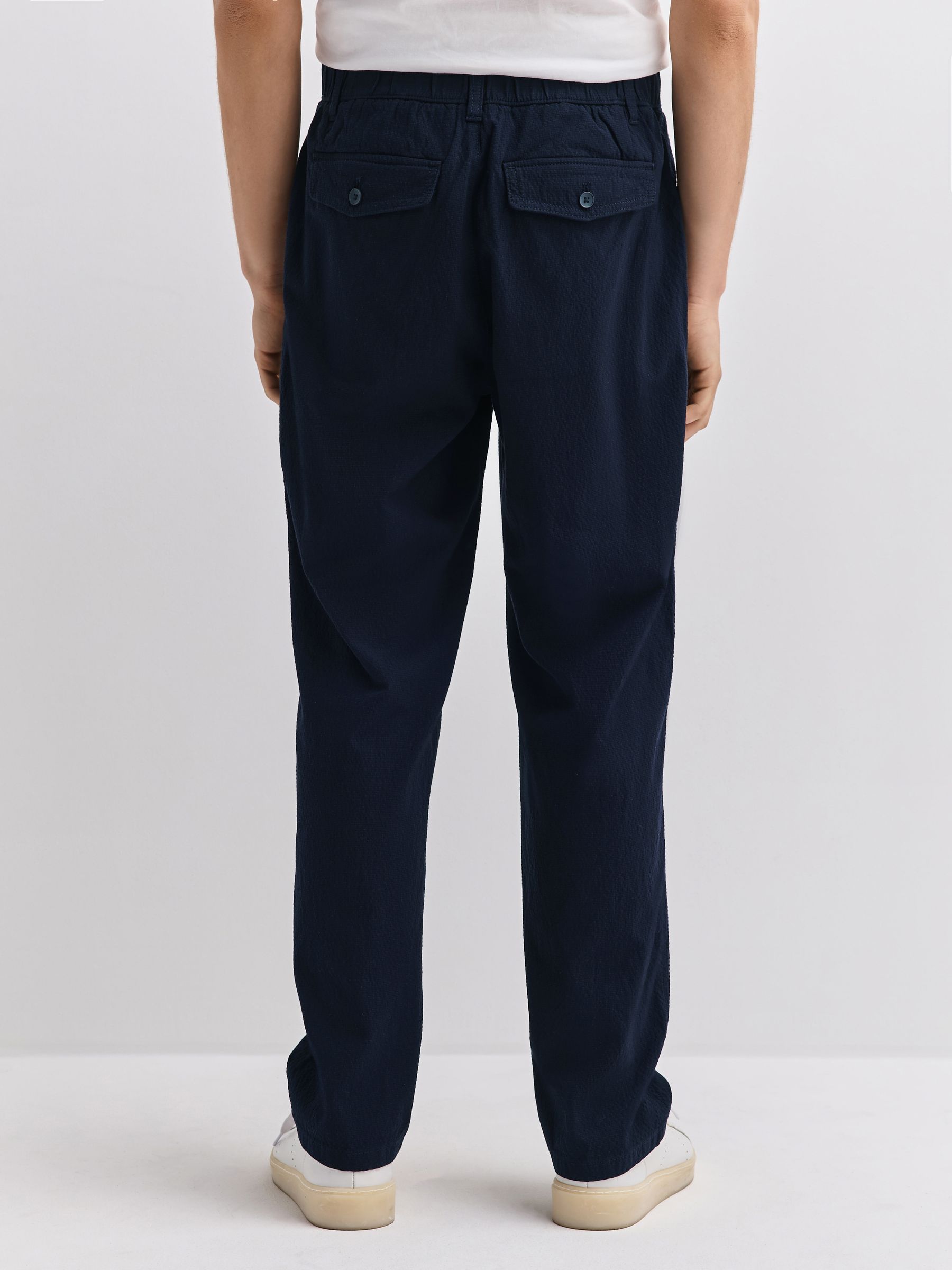 Buy Navy Blue Relaxed Tapered Fit Seersucker Trousers from the