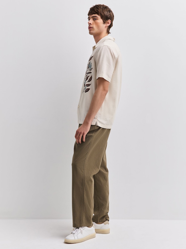 Khaki Green Relaxed Tapered Fit Cotton Rich Summerweight Seersucker Textured Trousers With Stretch - Image 2 of 4