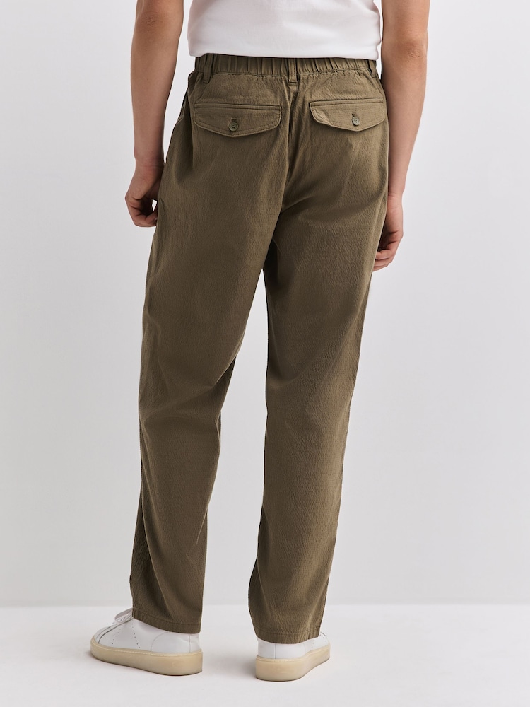 Khaki Green Relaxed Tapered Fit Cotton Rich Summerweight Seersucker Textured Trousers With Stretch - Image 4 of 4