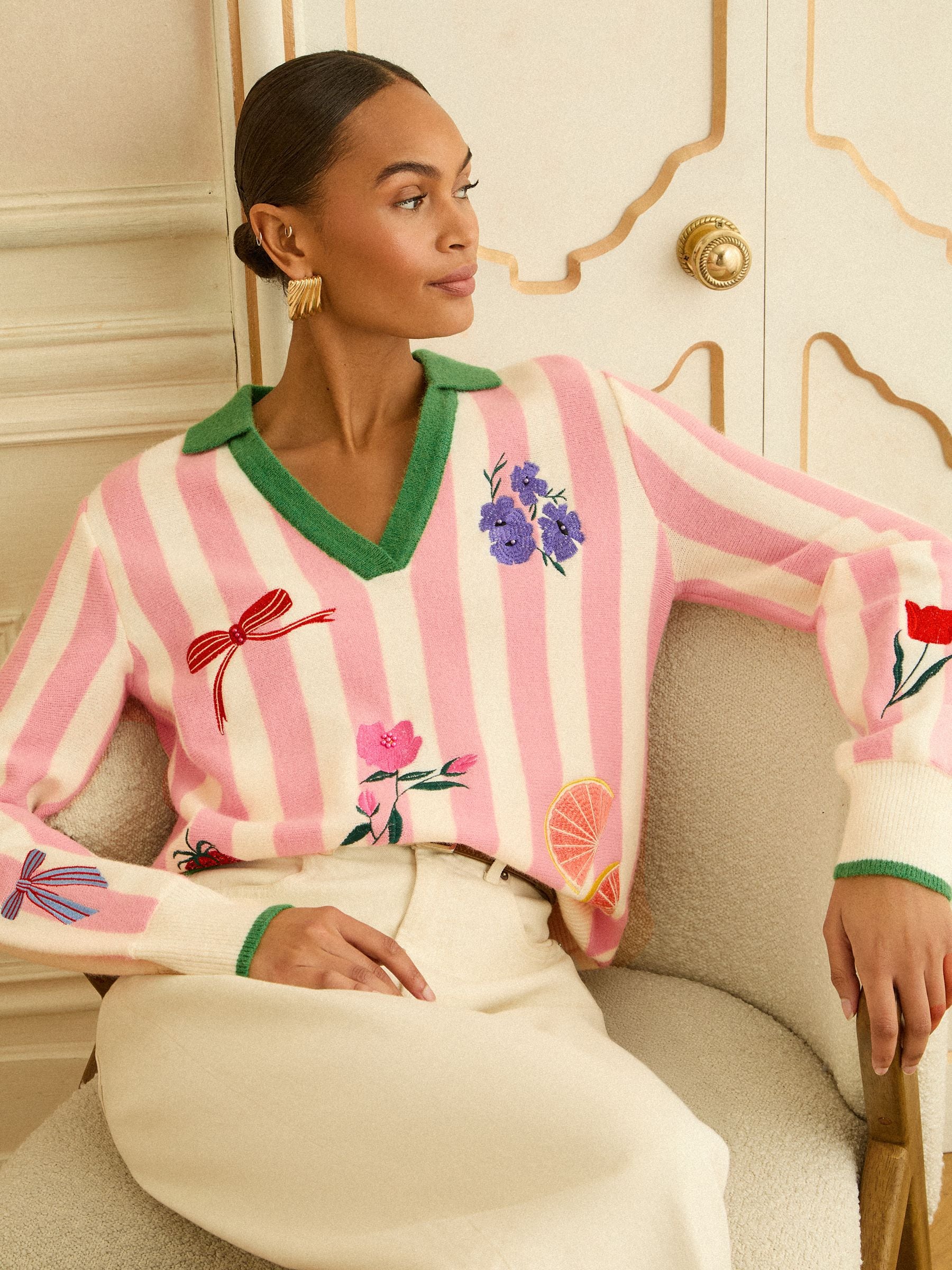 Buy Love & Roses Pale Pink Embroidered Knitted Collard Jumper from
