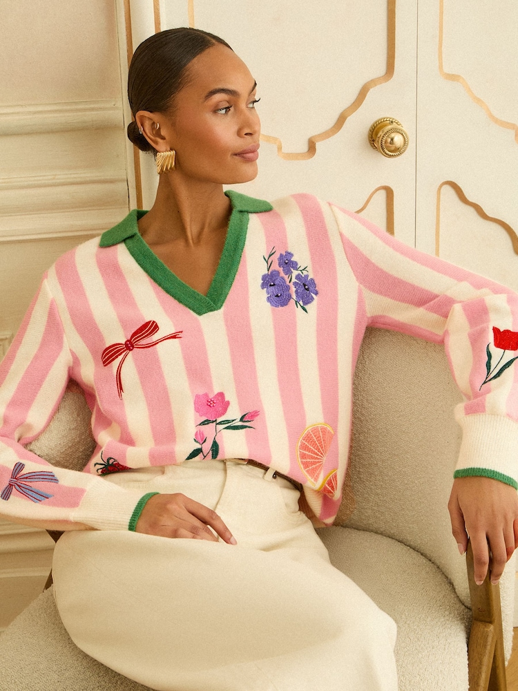 Love & Roses Embroidered Knitted Collard Jumper - Imaginea 1 din 4