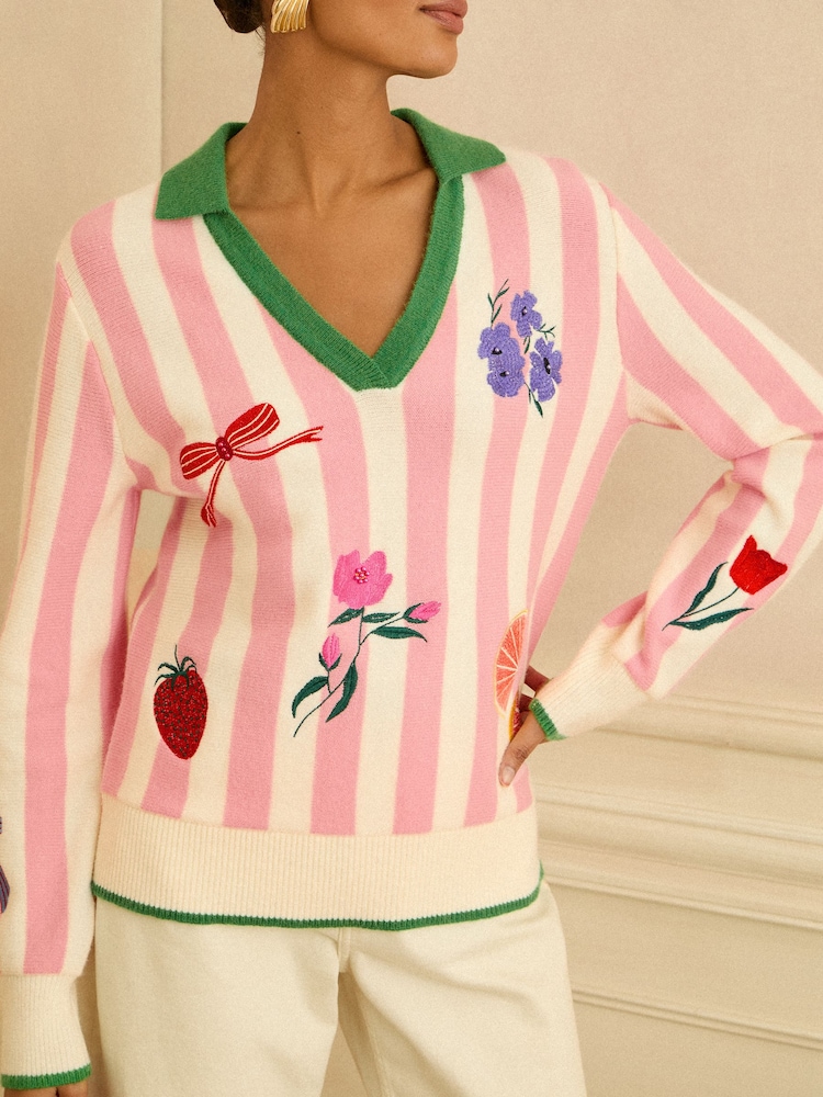 Love & Roses Embroidered Knitted Collard Jumper - Imaginea 2 din 4
