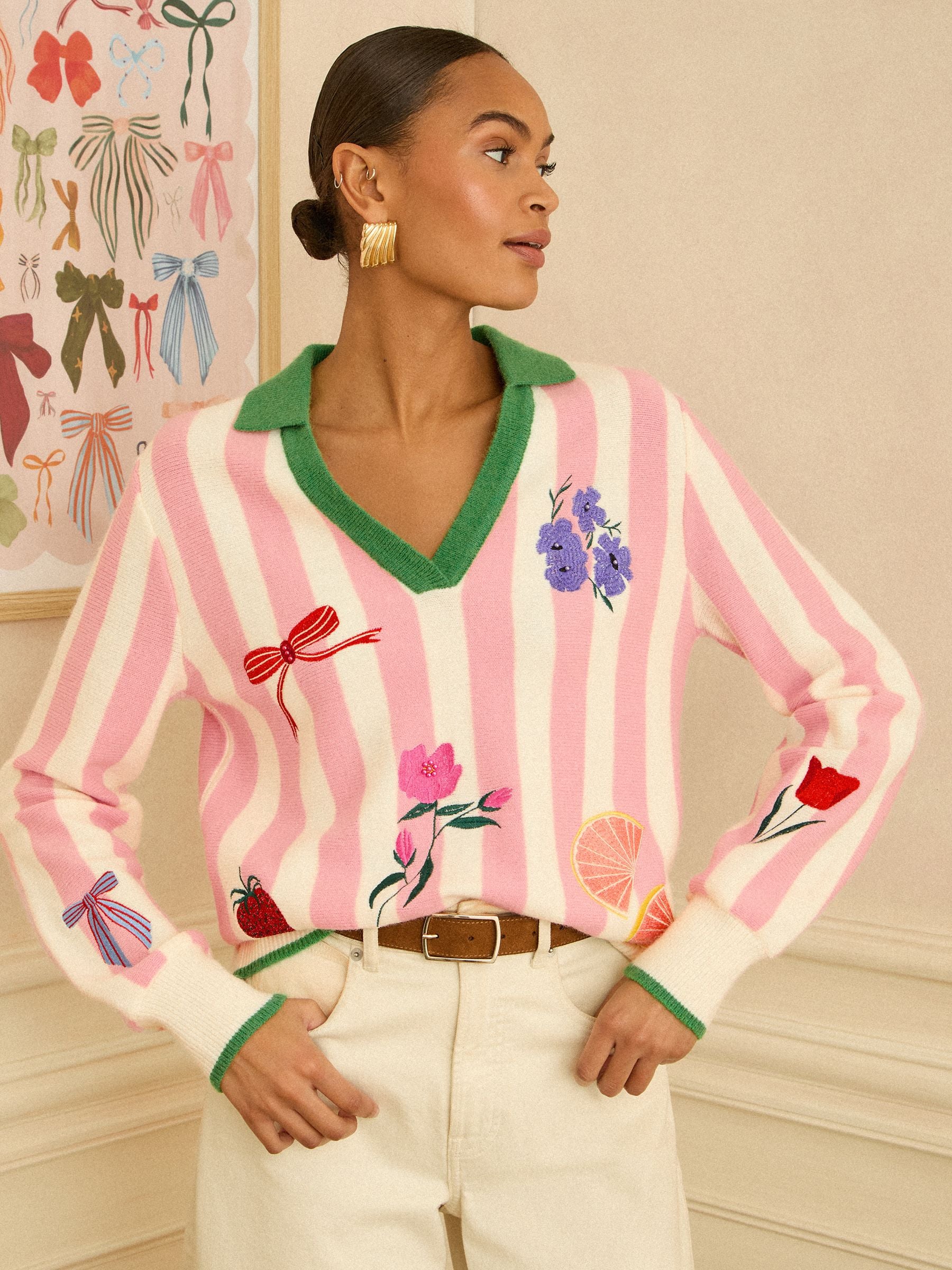 Buy Love & Roses Pale Pink Embroidered Knitted Collard Jumper from