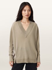 AllSaints Grey Bern Panel V-Neck Jumper - Image 1 of 9