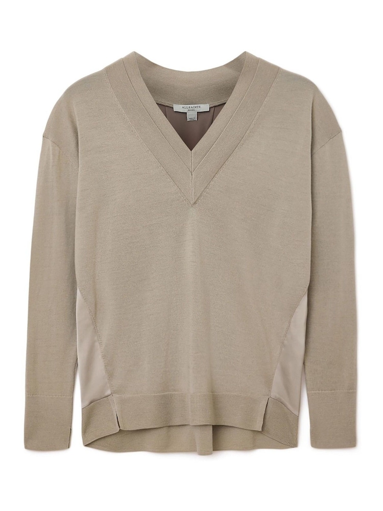 AllSaints Grey Bern Panel V-Neck Jumper - Image 9 of 9