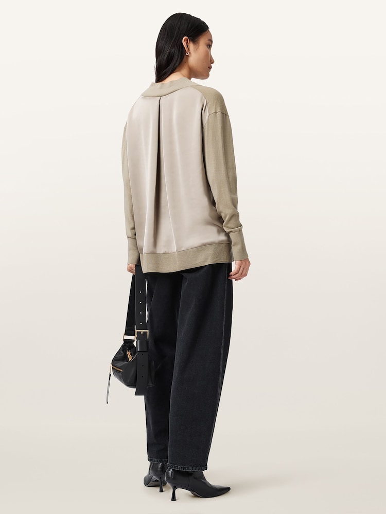 AllSaints Grey Bern Panel V-Neck Jumper - Image 1 of 9
