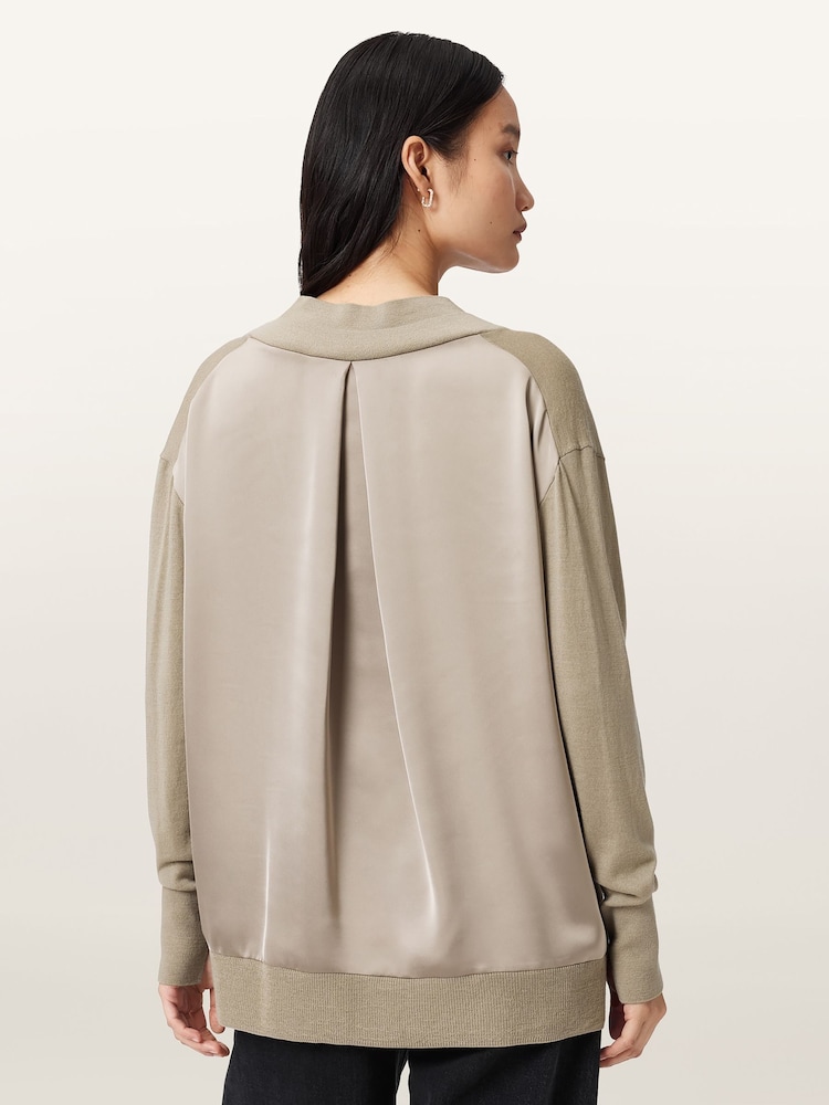 AllSaints Grey Bern Panel V-Neck Jumper - Image 2 of 9