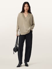 AllSaints Grey Bern Panel V-Neck Jumper - Image 3 of 9